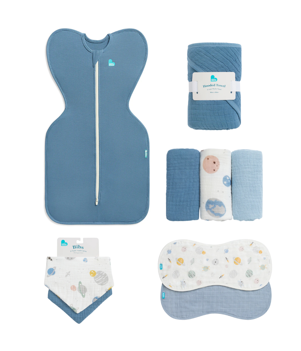 Newborn Essentials Bundle | Swaddle Up 1.0 TOG | Bib | Wash Cloth | Burp Cloth | Hooded Towel | Blue
