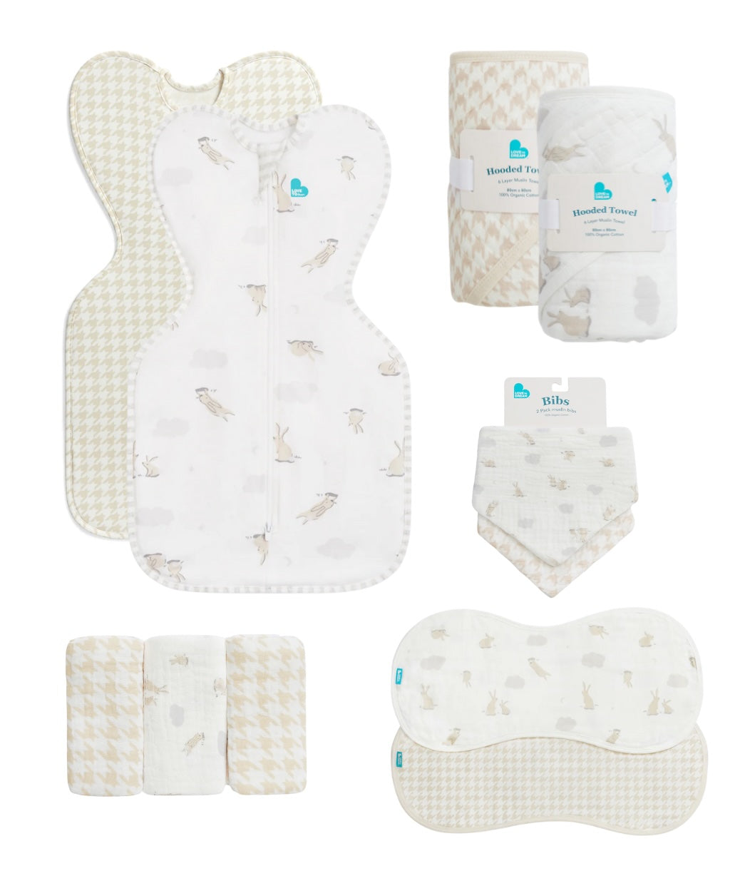 Newborn Ultimate Starter Bundle | Swaddle Up x2, Towel x2, Wash Cloth, Burp Cloths, Bibs | Houndstooth