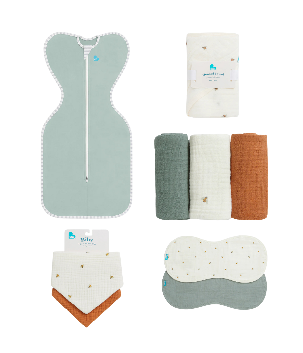 Newborn Essentials Bundle | Swaddle Up 0.2 TOG | Bib | Wash Cloth | Burp Cloth | Hooded Towel | Olive