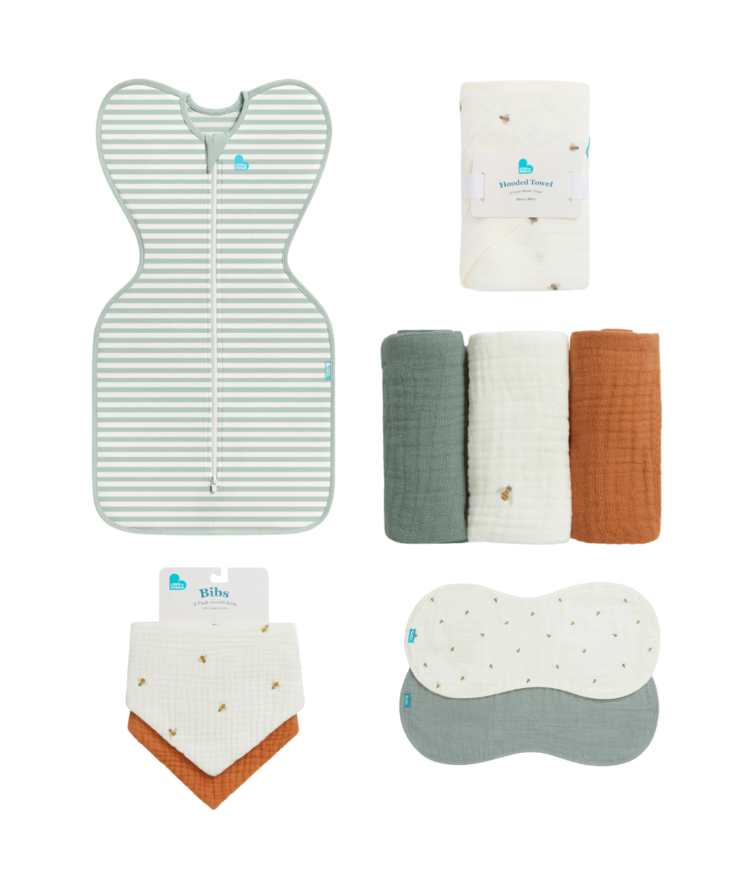 Newborn Essentials Bundle | Swaddle Up 0.2 TOG | Bib | Wash Cloth | Burp Cloth | Hooded Towel | Olive Stripe