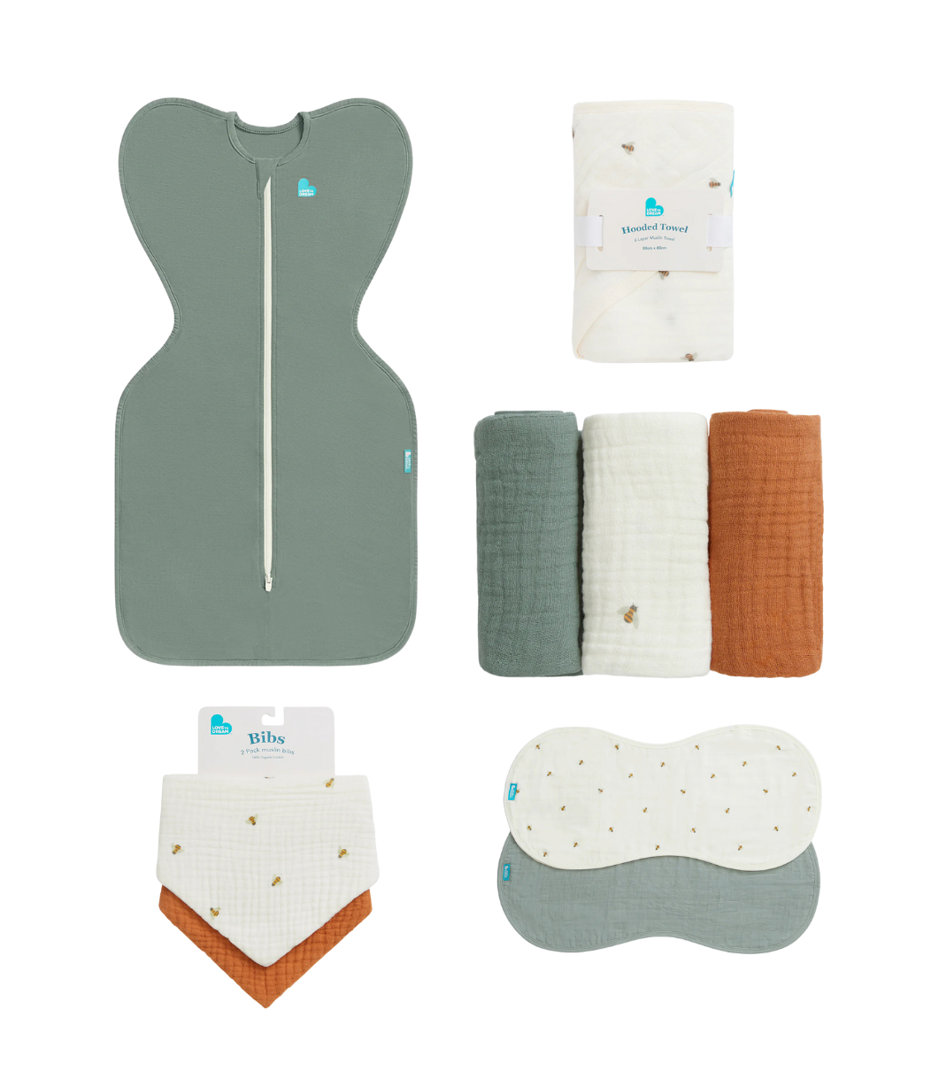 Newborn Essentials Bundle | Swaddle Up 1.0 TOG | Bib | Wash Cloth | Burp Cloth | Hooded Towel | Olive