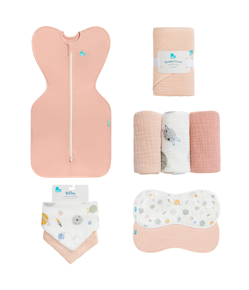 Newborn Essentials Bundle | Swaddle Up 1.0 TOG | Bib | Wash Cloth | Burp Cloth | Hooded Towel | Rose