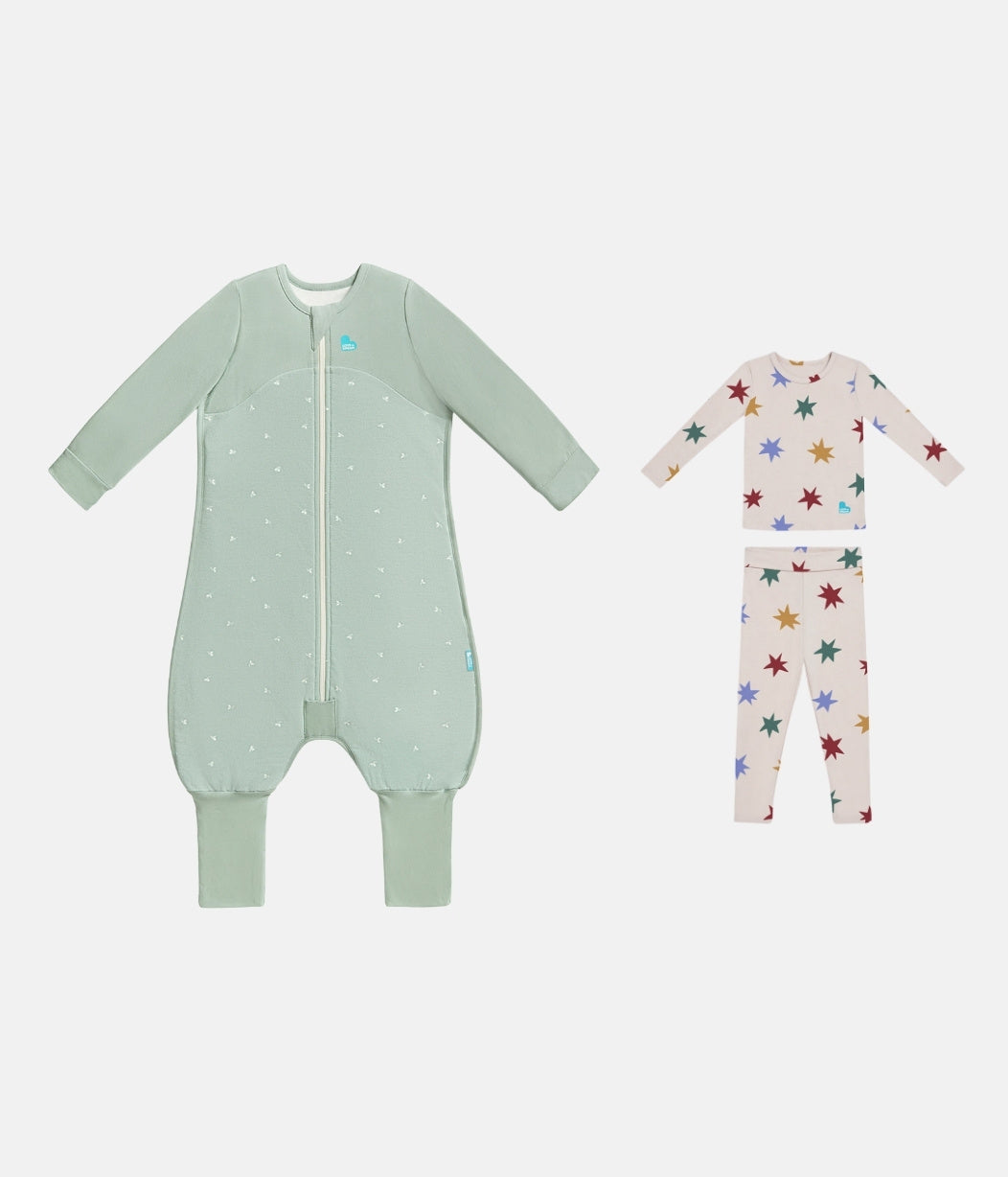 Sleep Suit & Pyjama Bundle | 1.5 TOG | Olive Twigs | Tan Party Pop