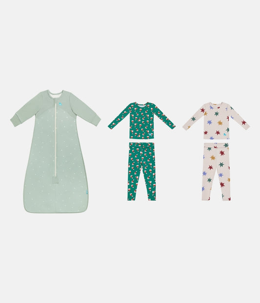 Sleep Bag & Pyjama Bundle | 1.5 TOG | Olive Twigs | Green Home Sweet Home | Tan Party Pop