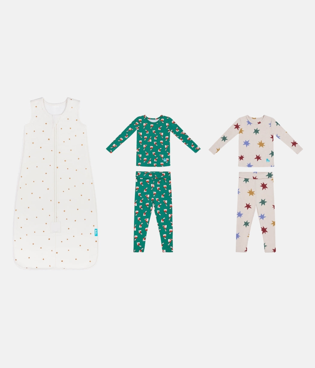 Sleep Bag & Pyjama Bundle | 1.5 TOG | Buff Twinkle | Green Home Sweet Home | Tan Party Pop
