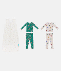 Sleep Bag & Pyjama Bundle | 1.5 TOG | Buff Twinkle | Green Home Sweet Home | Tan Party Pop