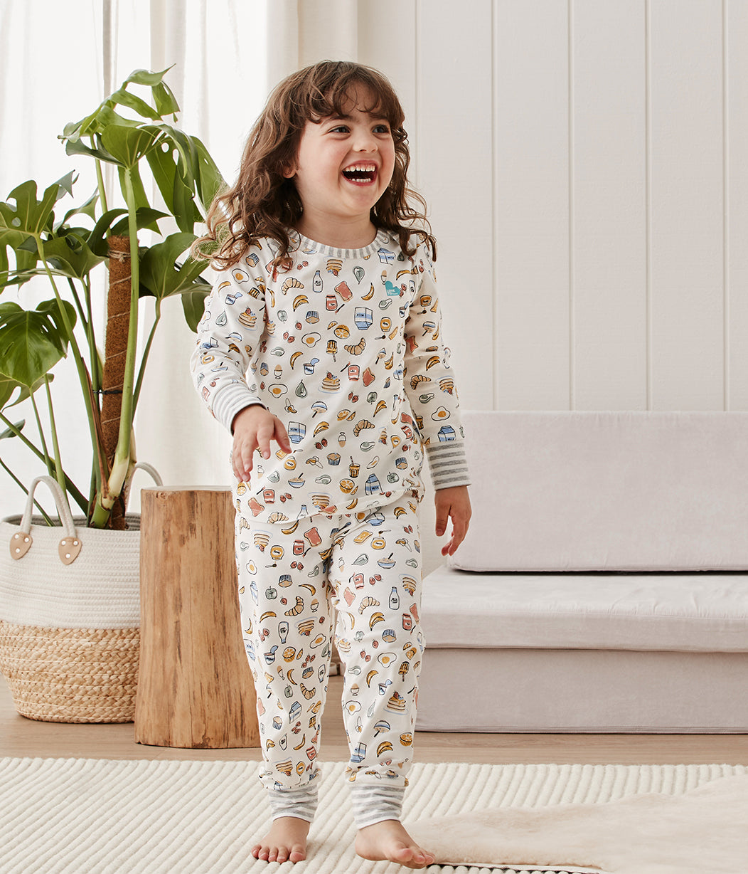 Kids Pyjama Set Long Sleeve White Breakfast Cotton