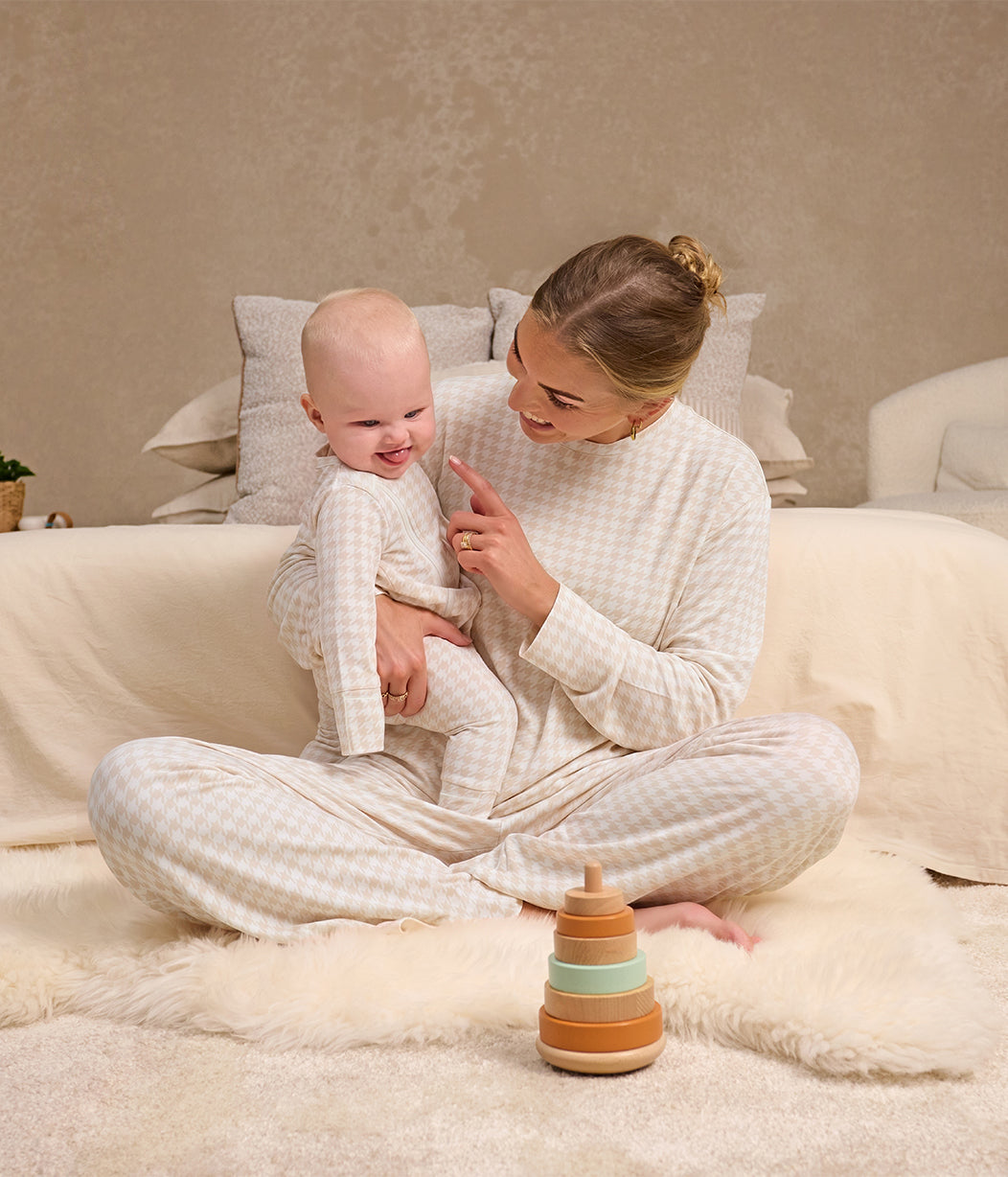 Adults Pyjama Set Long Sleeve Viscose from Bamboo Tan Houndstooth