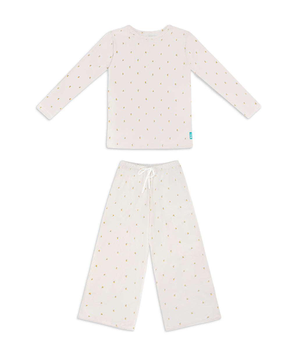 Adults Pyjama Set Long Sleeve Viscose from Bamboo Cream Lemons