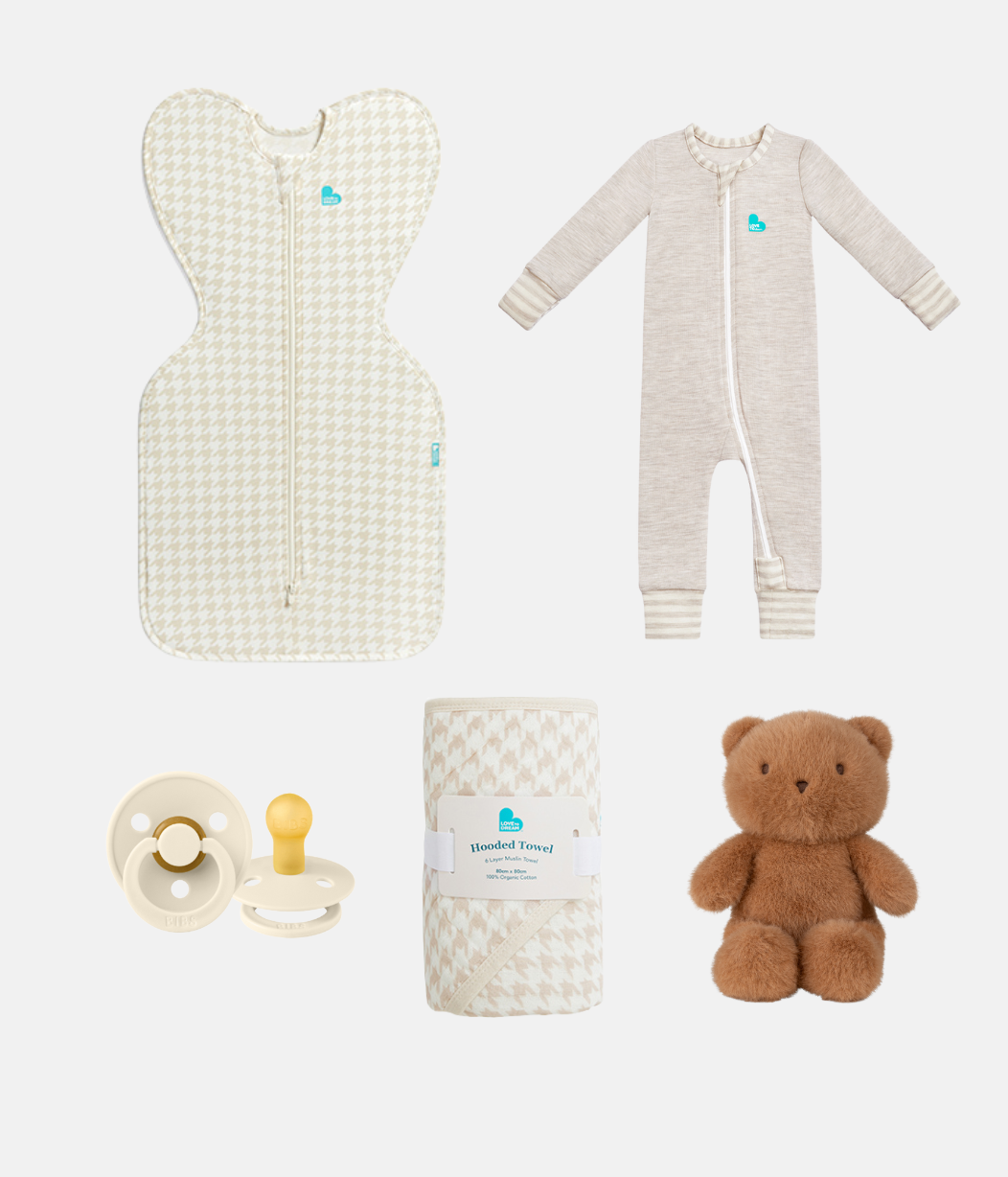 Newborn Gift Bundle | Toy | Dummies | Swaddle | Romper | Towel | Ivory | Houndstooth | Oat
