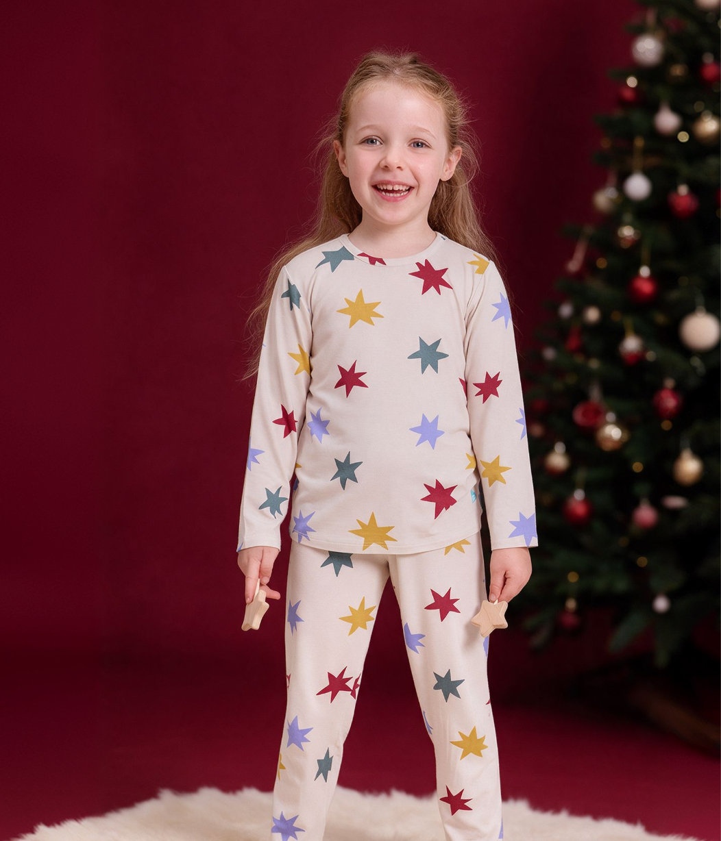 Kids Pyjama Set Long Sleeve Viscose from Bamboo Tan Party Pop