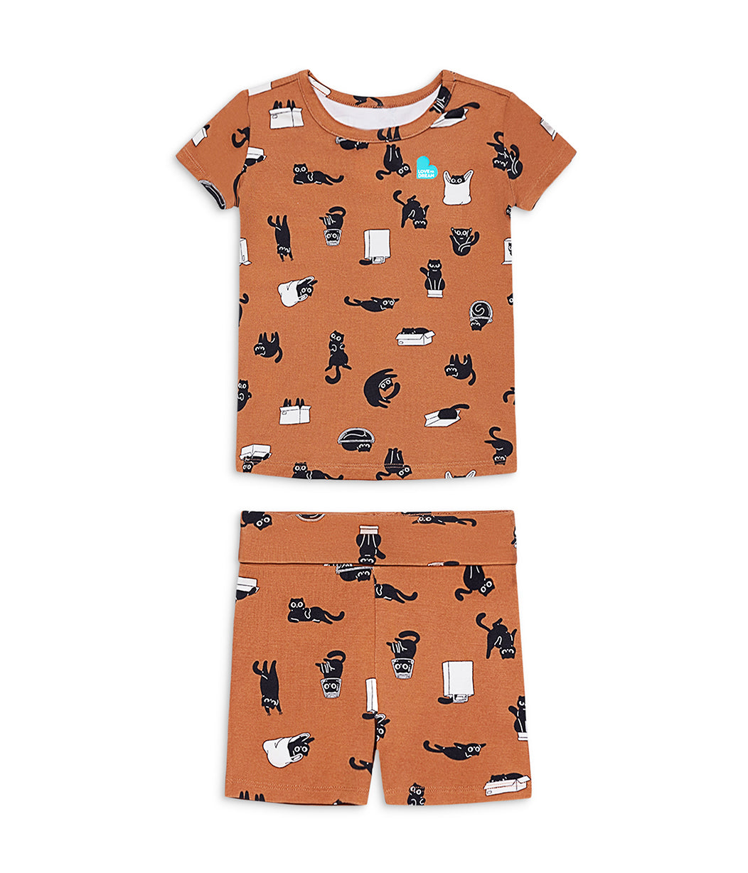 Kids Pyjama Set Short Sleeve Viscose from Bamboo Hazel Black Cat Moods