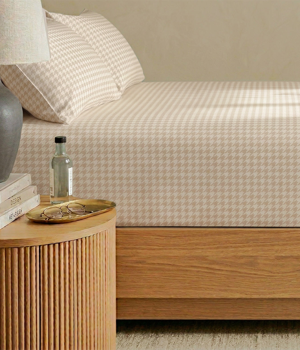 HushDry™ 2-in-1 Waterproof Fitted King Sheet Viscose from Bamboo Tan Houndstooth