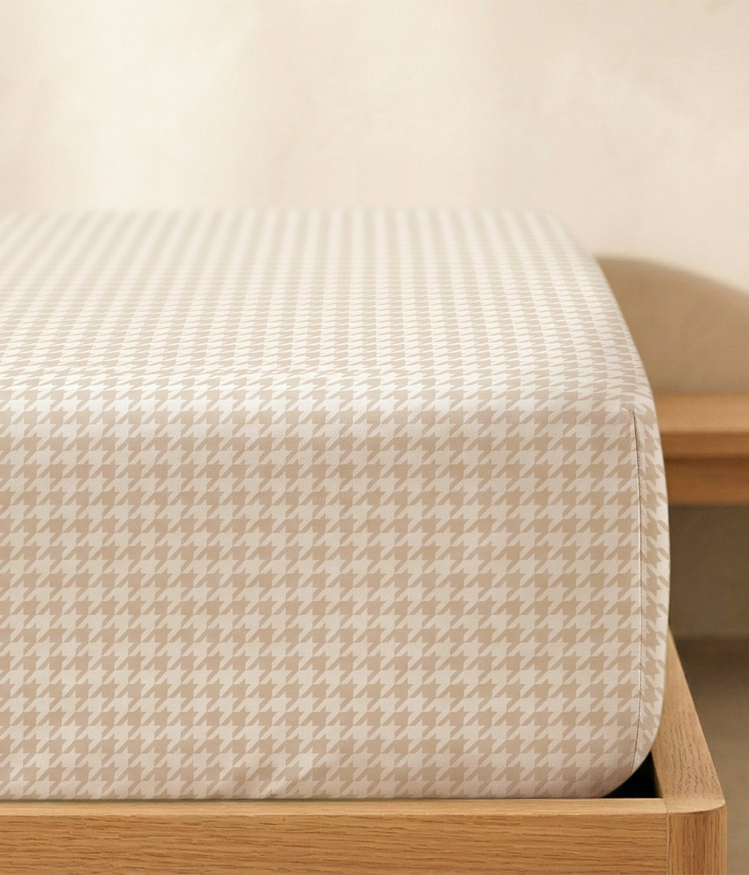 HushDry™ 2-in-1 Waterproof Fitted King Sheet Viscose from Bamboo Tan Houndstooth