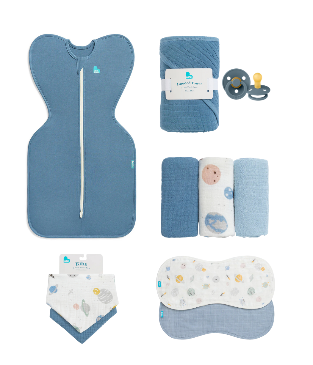 Newborn Essentials Bundle | Swaddle Up 1.0 TOG | Bib | Wash Cloth | Burp Cloth | Hooded Towel | Dummies | Blue