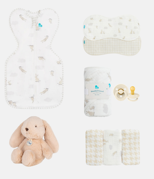 Newborn Ultimate Gift Bundle | Toy | Swaddle | Towel | Burp | Wash | Dummies | Bunnies