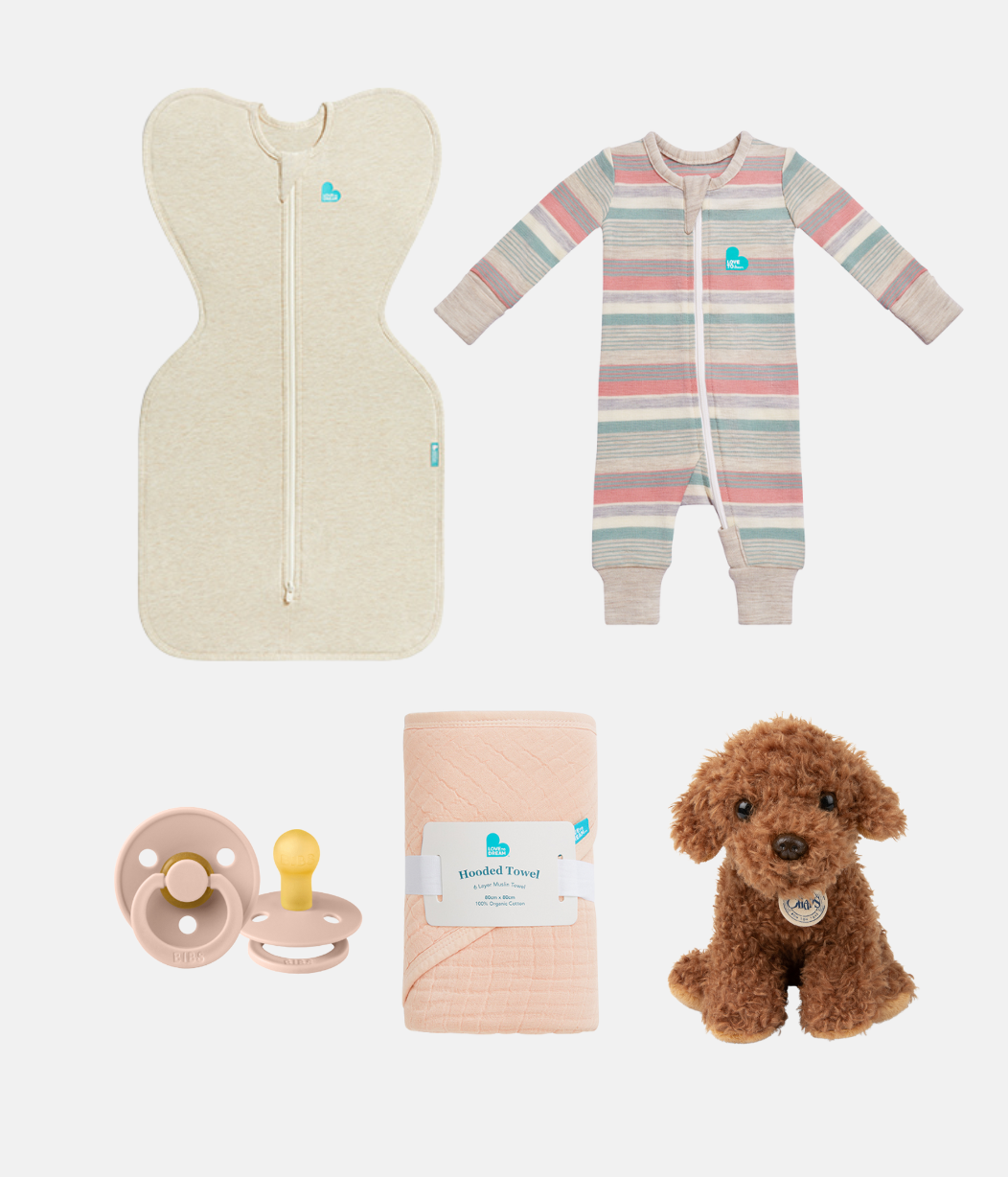Newborn Gift Bundle | Toy | Dummies | Swaddle | Romper | Towel | Blush | Stripe | Oat