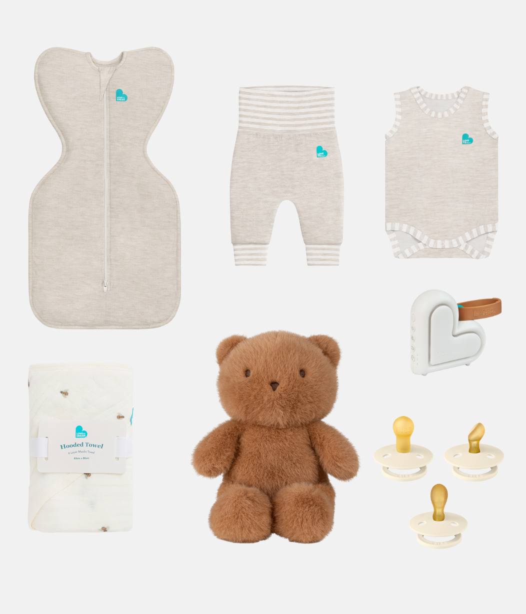 Newborn Ultimate Gift Bundle | Toy | Dummies | Sleep Machine | Swaddle | Bodysuit | Leggings | Towel | Oat