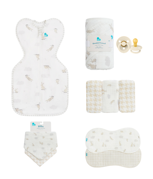 Newborn Starter Gift Bundle | Swaddle Up, Towel, Wash Cloth, Burp Cloths, Bibs, Dummies | Cloud Bunnies