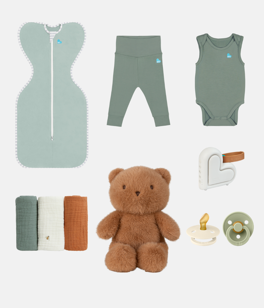 Newborn Ultimate Gift Bundle | Toy | Dummies | Sleep Machine | Swaddle | Bodysuit | Leggings | Wash Cloth | Olive
