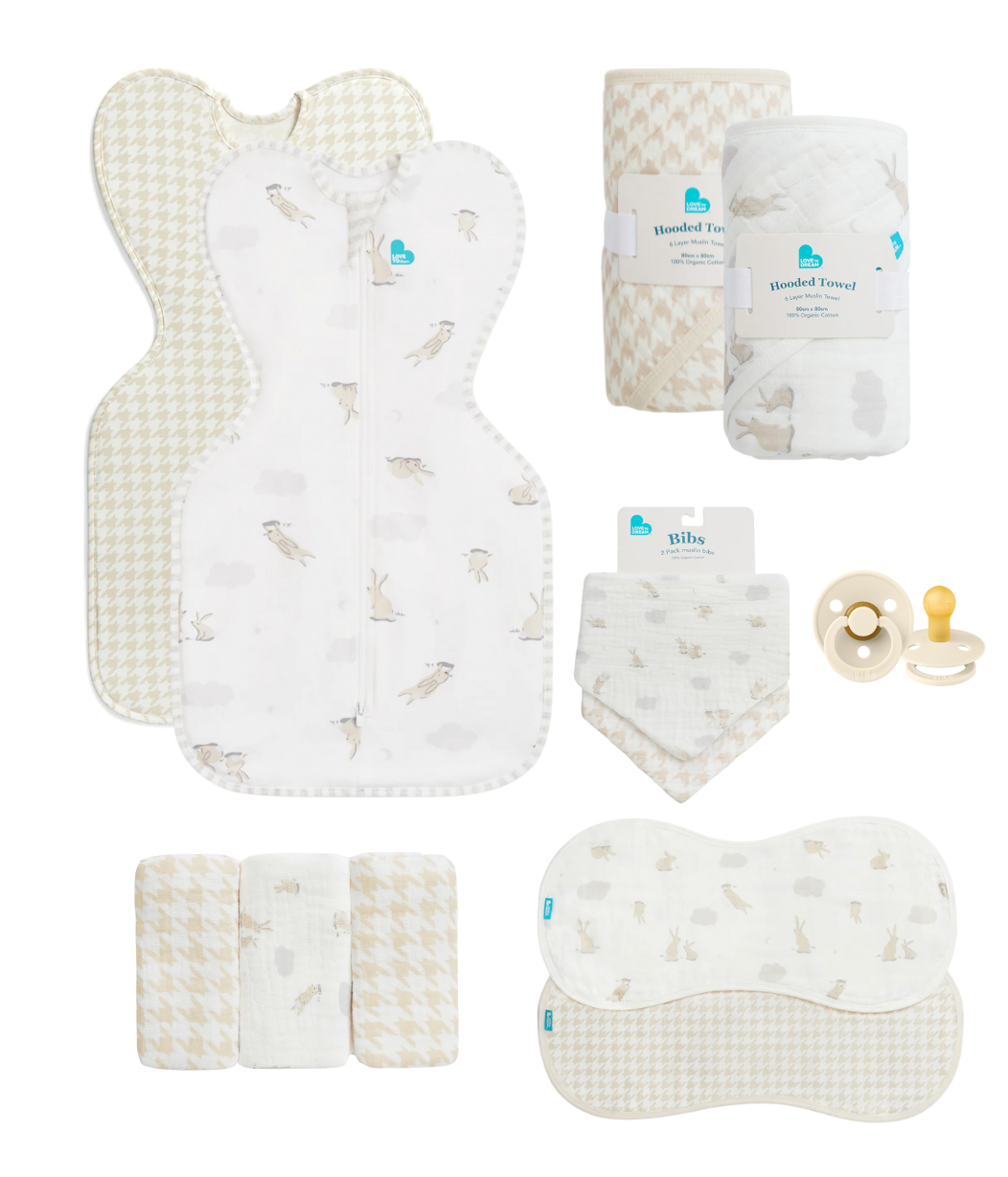 Newborn Ultimate Starter Bundle | Swaddle Up x2, Towel x2, Wash Cloth, Burp Cloths, Bibs, Dummies | Houndstooth