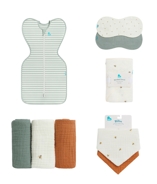 Newborn Essentials Bundle | Swaddle Up 0.2 TOG | Bib | Wash Cloth | Burp Cloth | Hooded Towel | Olive Stripe