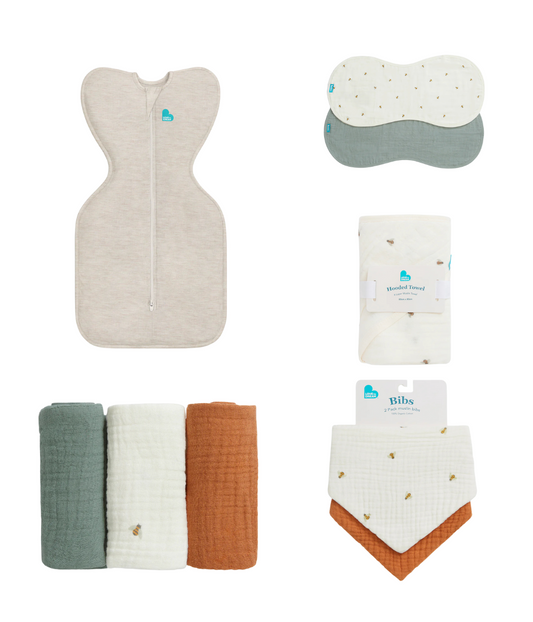 Newborn Essentials Bundle | Swaddle Up 1.0 TOG | Bib | Wash Cloth | Burp Cloth | Hooded Towel | Oat