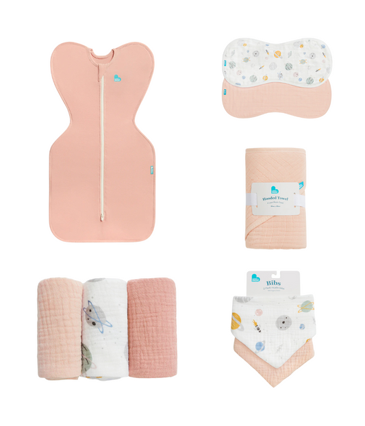 Newborn Essentials Bundle | Swaddle Up 1.0 TOG | Bib | Wash Cloth | Burp Cloth | Hooded Towel | Rose