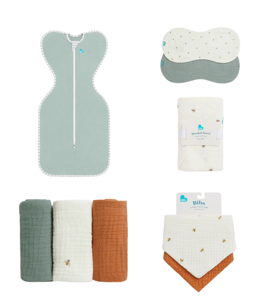Newborn Essentials Bundle | Swaddle Up 0.2 TOG | Bib | Wash Cloth | Burp Cloth | Hooded Towel | Olive