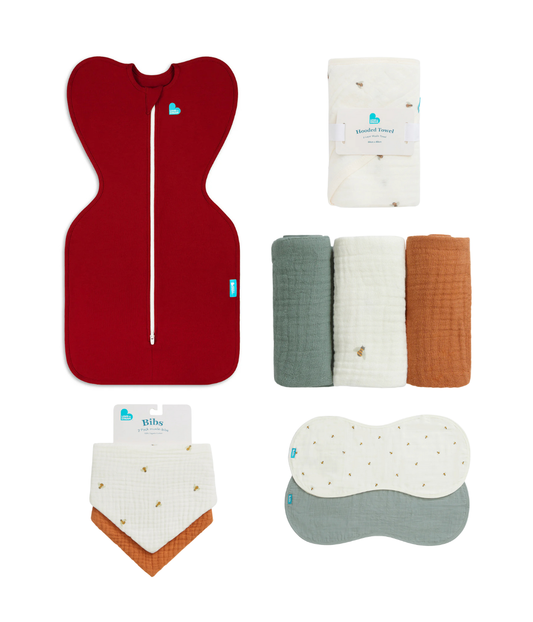 Newborn Essentials Bundle | Swaddle Up 1.0 TOG | Bib | Wash Cloth | Burp Cloth | Hooded Towel | Maroon