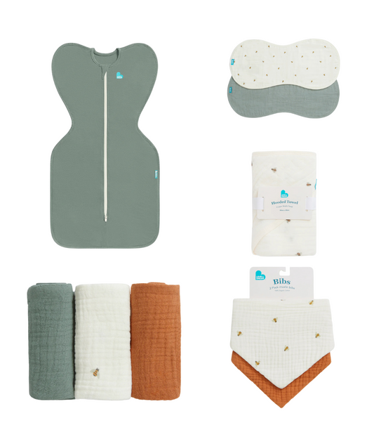 Newborn Essentials Bundle | Swaddle Up 1.0 TOG | Bib | Wash Cloth | Burp Cloth | Hooded Towel | Olive