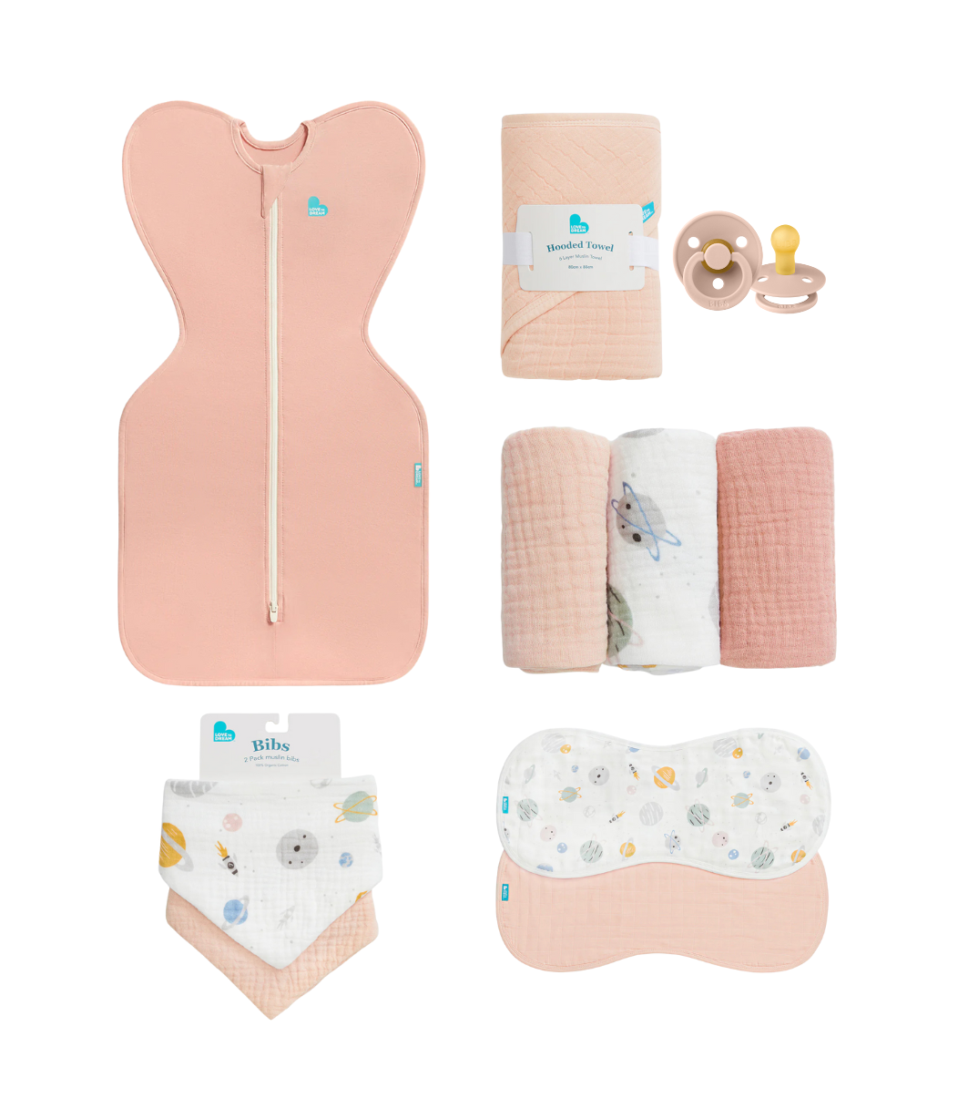 Newborn Essentials Bundle | Swaddle Up 1.0 TOG | Bib | Wash Cloth | Burp Cloth | Hooded Towel | Dummies | Rose