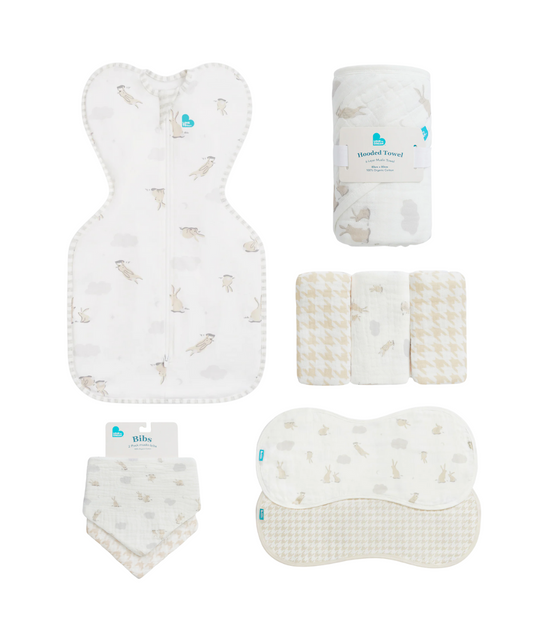 Newborn Starter Gift Bundle | Swaddle Up, Towel, Wash Cloth, Burp Cloths, Bibs | Cloud Bunnies