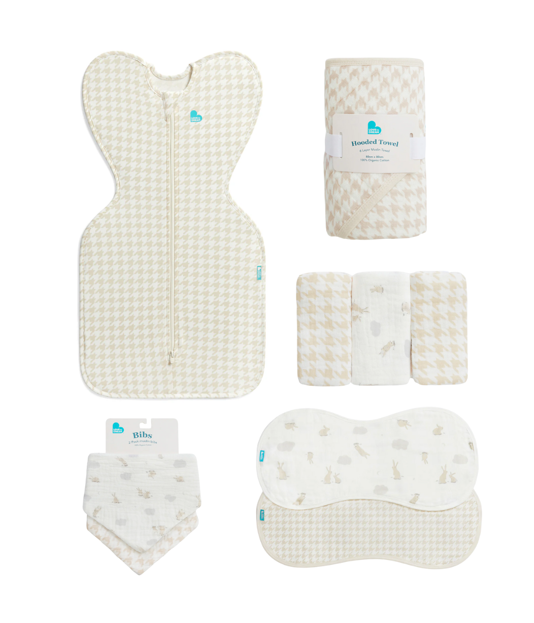 Newborn Starter Gift Bundle | Swaddle Up, Towel, Wash Cloth, Burp Cloths, Bibs | Houndstooth
