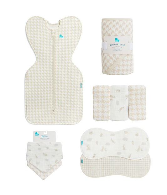 Newborn Starter Gift Bundle | Swaddle Up, Towel, Wash Cloth, Burp Cloths, Bibs | Houndstooth