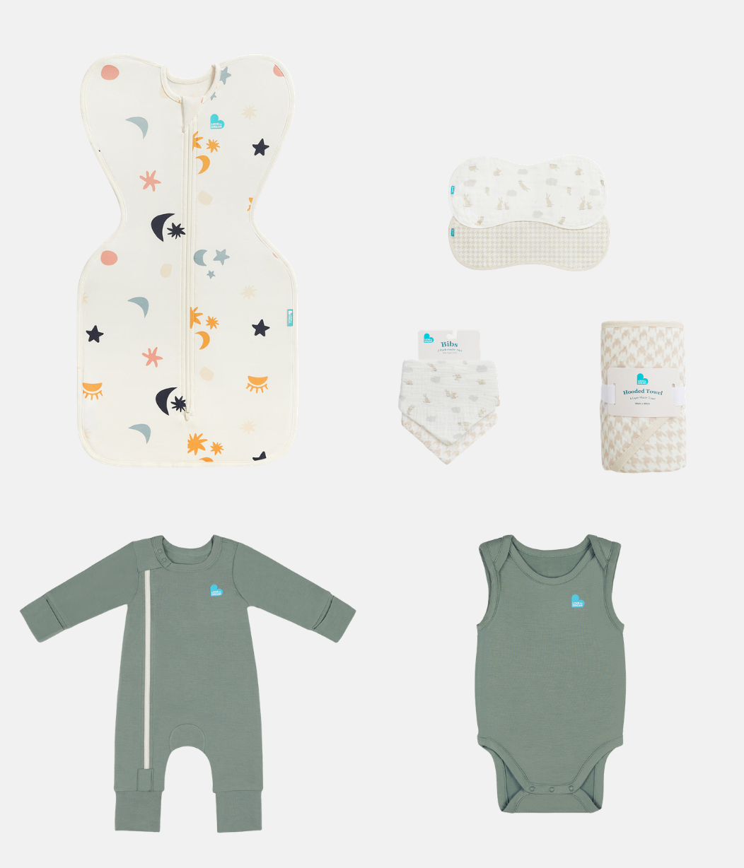 Newborn Essentials Bundle | Swaddle Up 1.0 TOG | Romper | Bodysuit | Bib | Towel | Burp