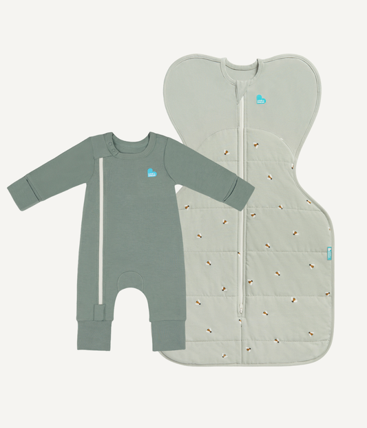 Swaddle Up & Romper Bundle | 2.5 TOG | Bamboo | Olive Bees | Deep Olive