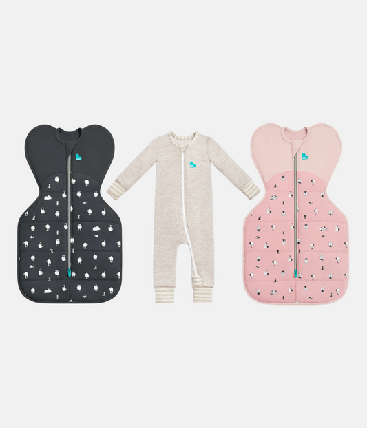 Swaddle Up Starter Bundle with Layer 2.5 TOG | Rose Lamb | Charcoal Lamb | Oatmeal Romper