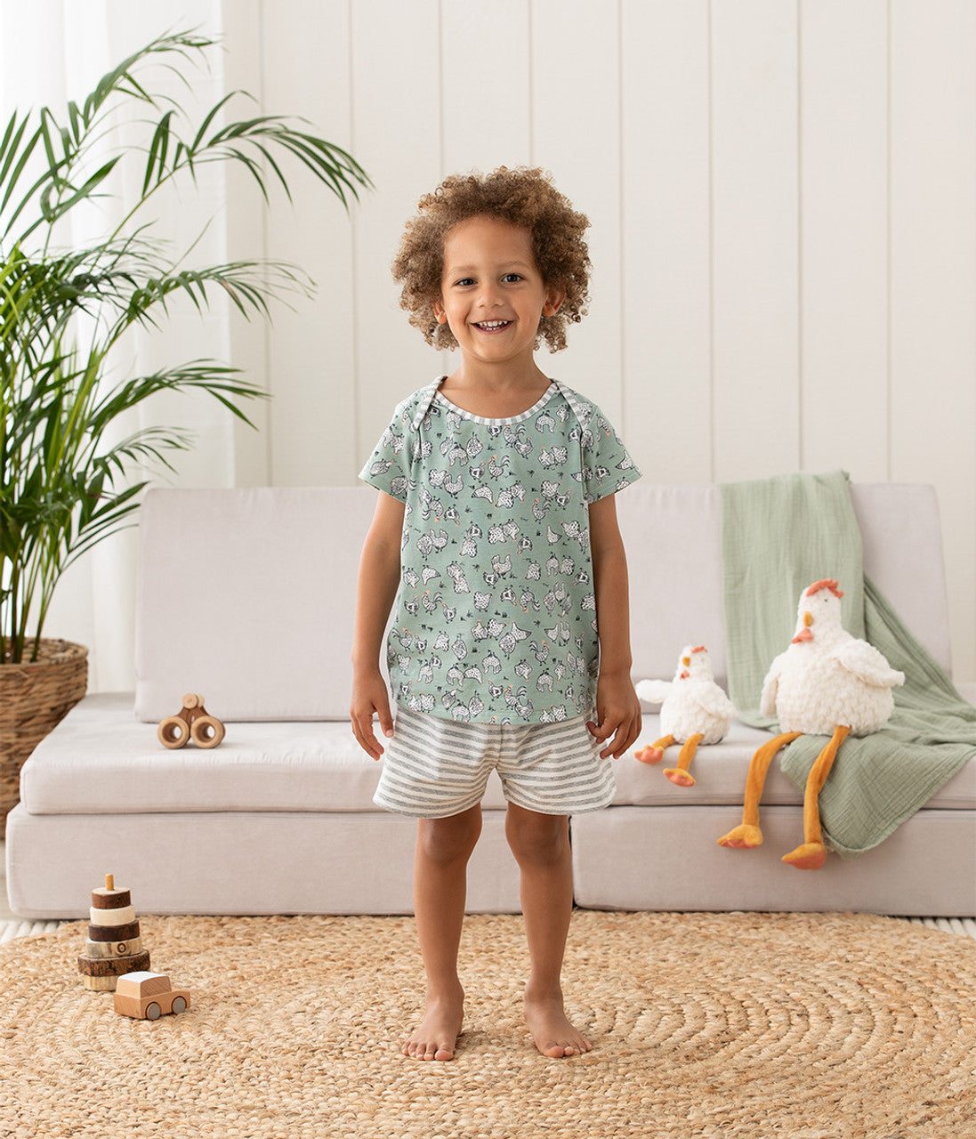 Kids Pyjama Set Short Sleeve Olive Chicken Run Cotton