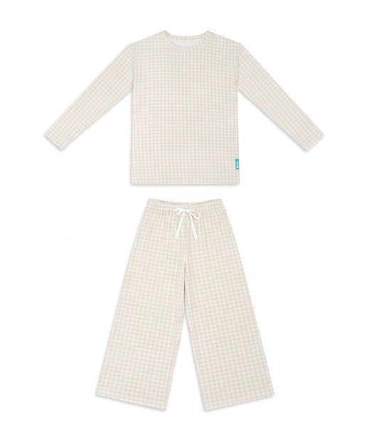 Adults Pyjama Set Long Sleeve Viscose from Bamboo Tan Houndstooth