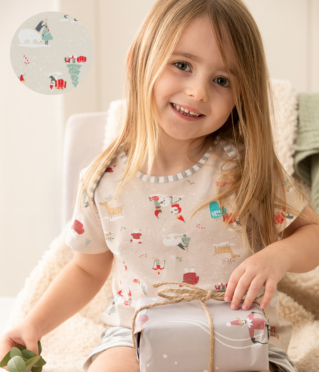 Kids Pyjama Set Short Sleeve Beige Snow Party Cotton