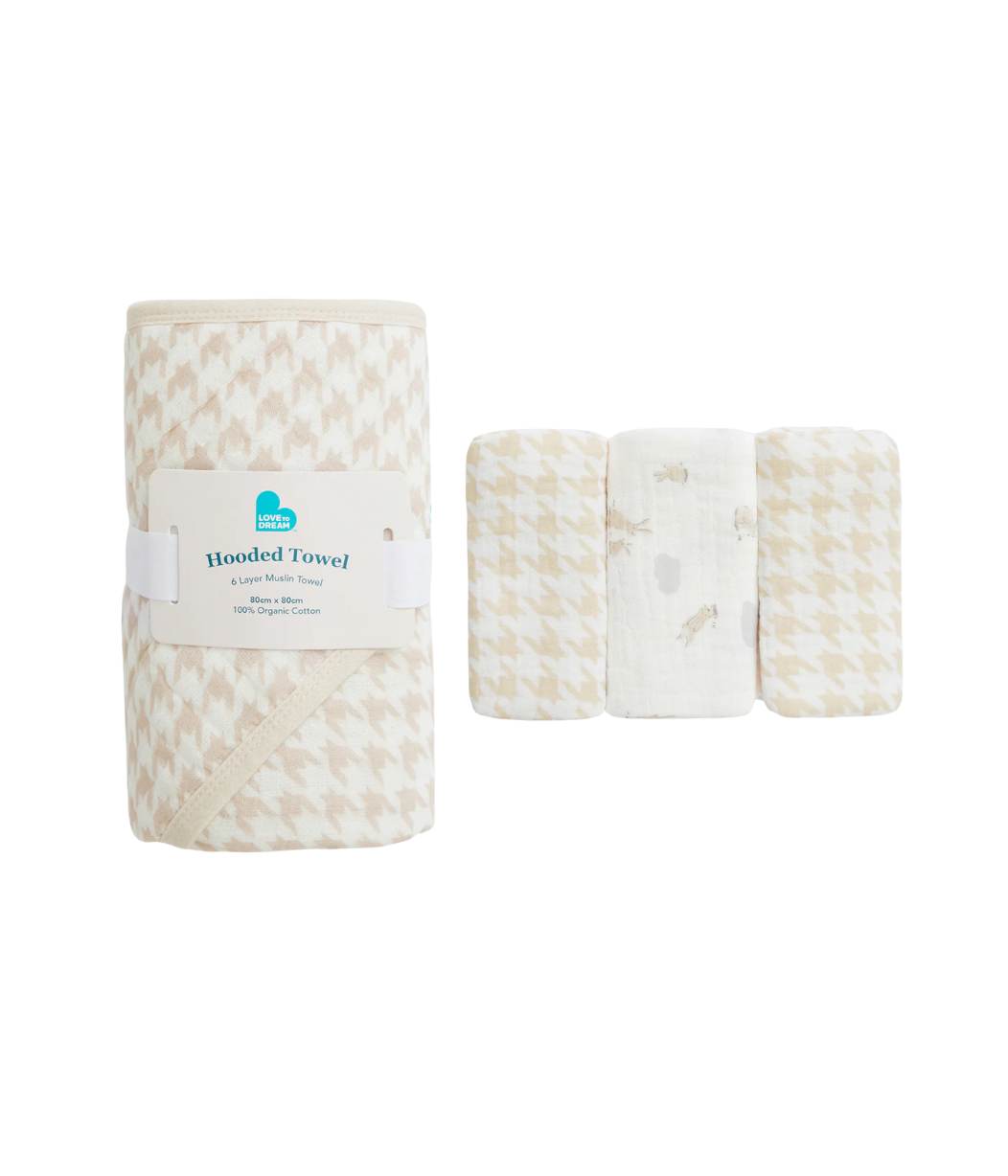Baby Bath Bundle | Hooded Towel, Wash Cloth | Houndstooth