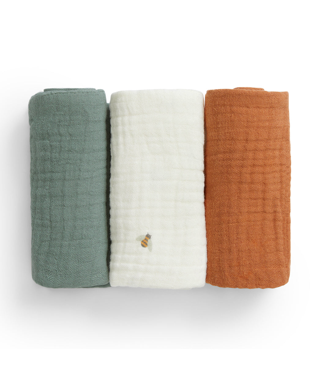 Wash Cloth 3 Pack Muslin Sage Bees