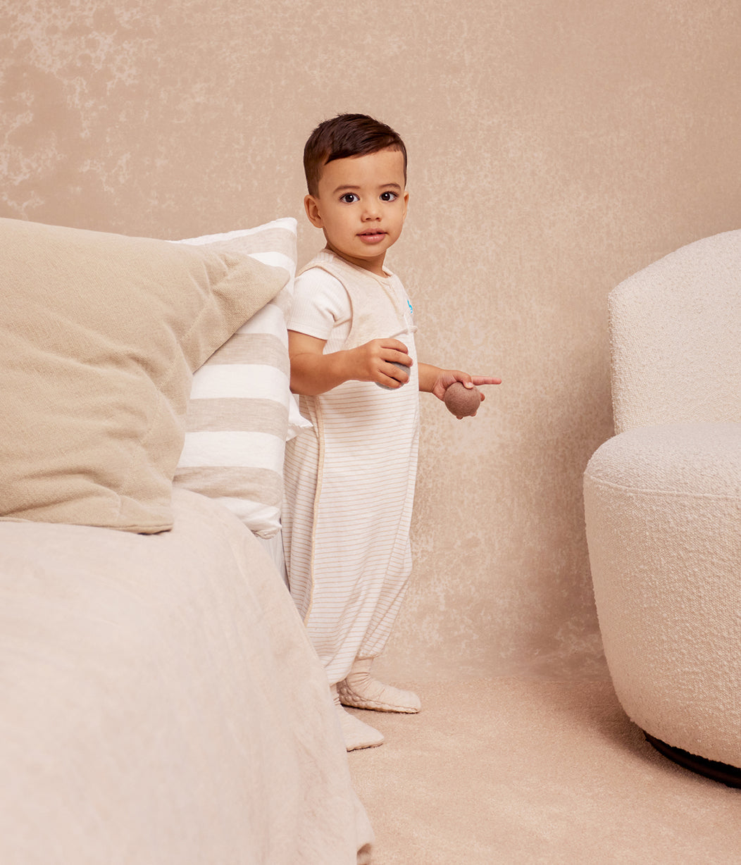 Sleep Suit Sleeveless 0.2 TOG Organic Cotton Tan Breton Stripe