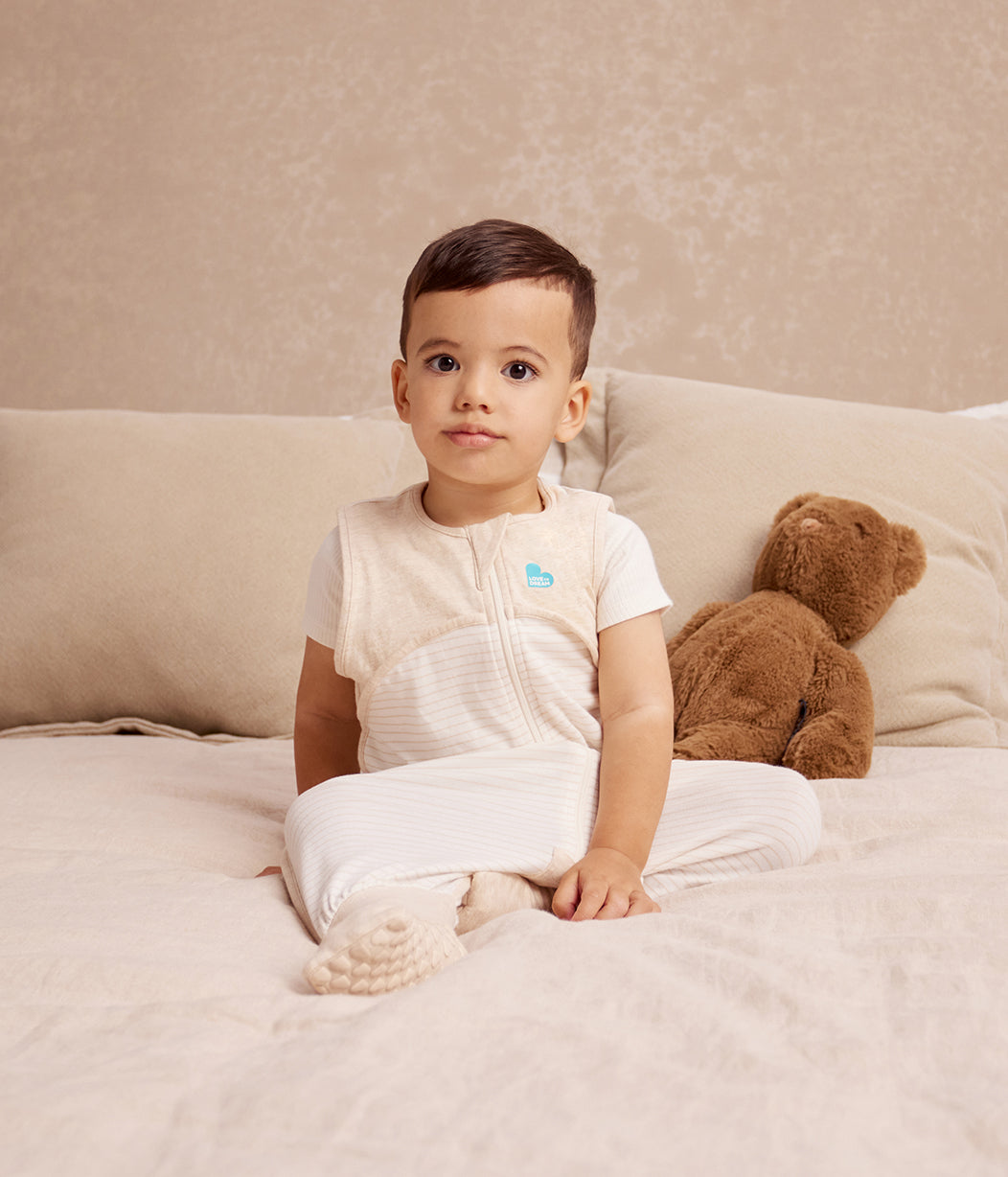Sleep Suit Sleeveless 0.2 TOG Organic Cotton Tan Breton Stripe
