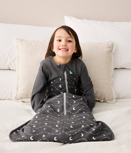 Sleep Bag Long Sleeve 1.5 TOG Cotton Charcoal Moon and Back